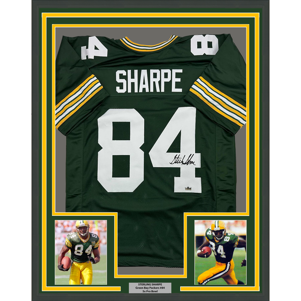 Framed Facsimile Autographed Sterling Sharpe 35x39 Green Bay Green Reprint Laser Auto Football Jersey (ONLINE ORDER ONLY)