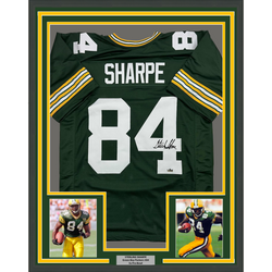 Framed Facsimile Autographed Sterling Sharpe 35x39 Green Bay Green Reprint Laser Auto Football Jersey (ONLINE ORDER ONLY)