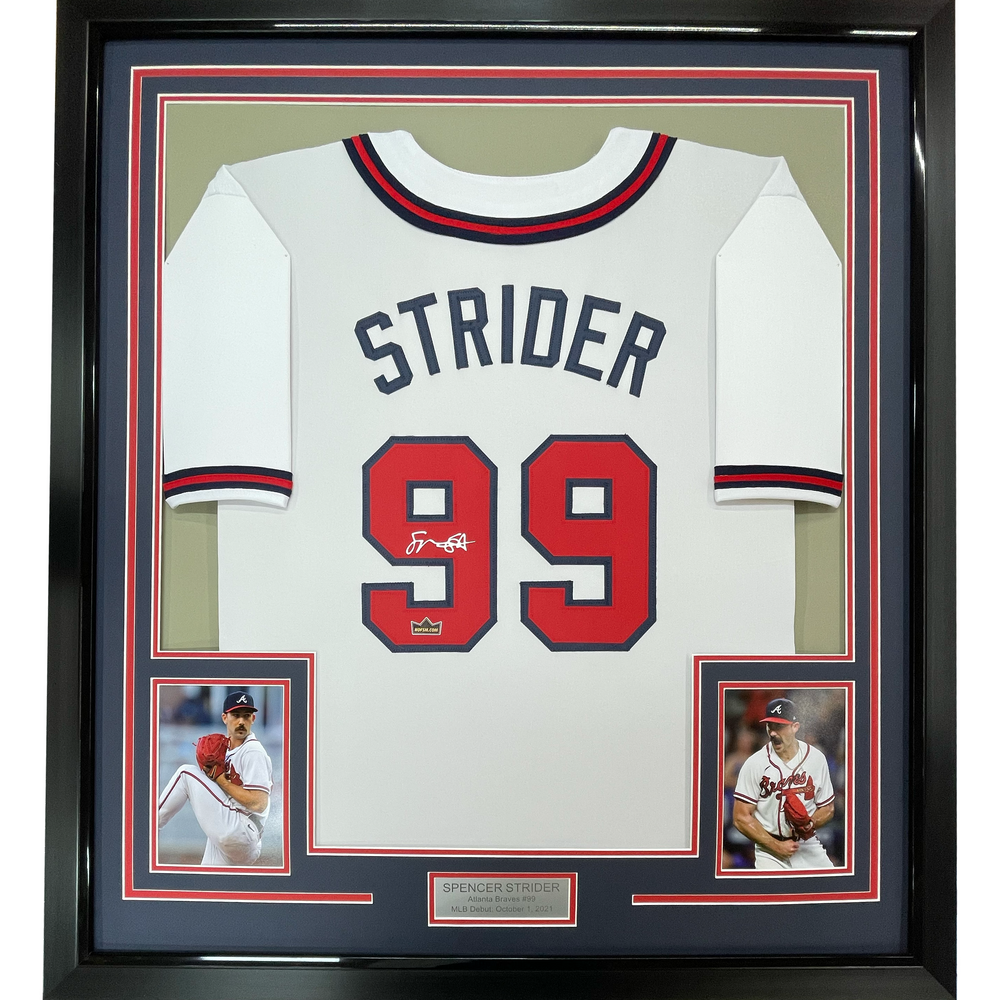 Framed Facsimile Autographed Spencer Strider 35x39 Atlanta White Reprint Laser Auto Baseball Jersey (ONLINE ORDER ONLY)