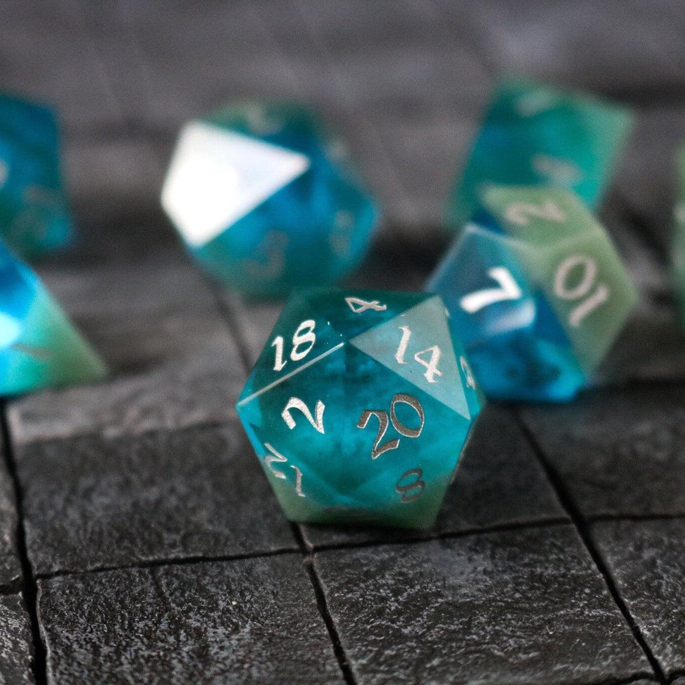 Synthetic Gemstone Two Tone Blue/Green Hand Carved DND Dice Set (ONLINE ORDER ONLY)
