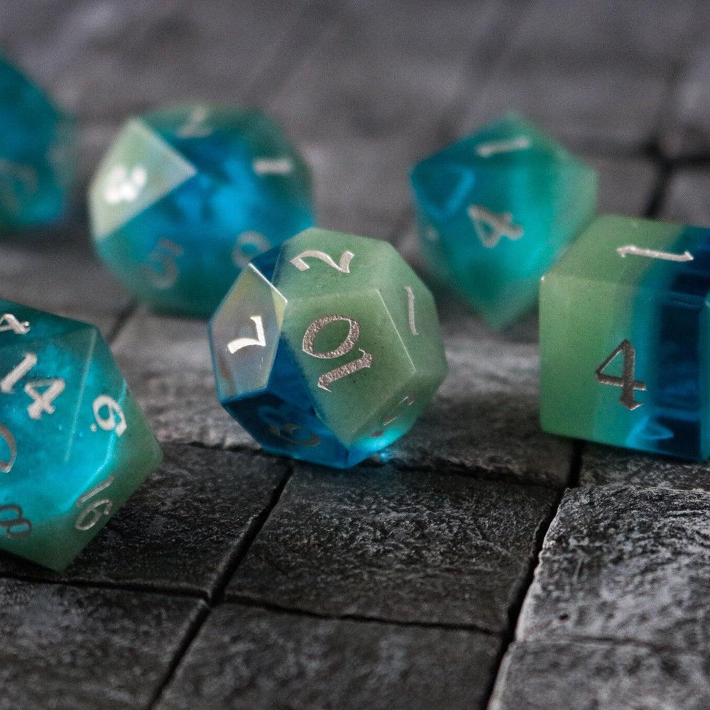 Synthetic Gemstone Two Tone Blue/Green Hand Carved DND Dice Set (ONLINE ORDER ONLY)
