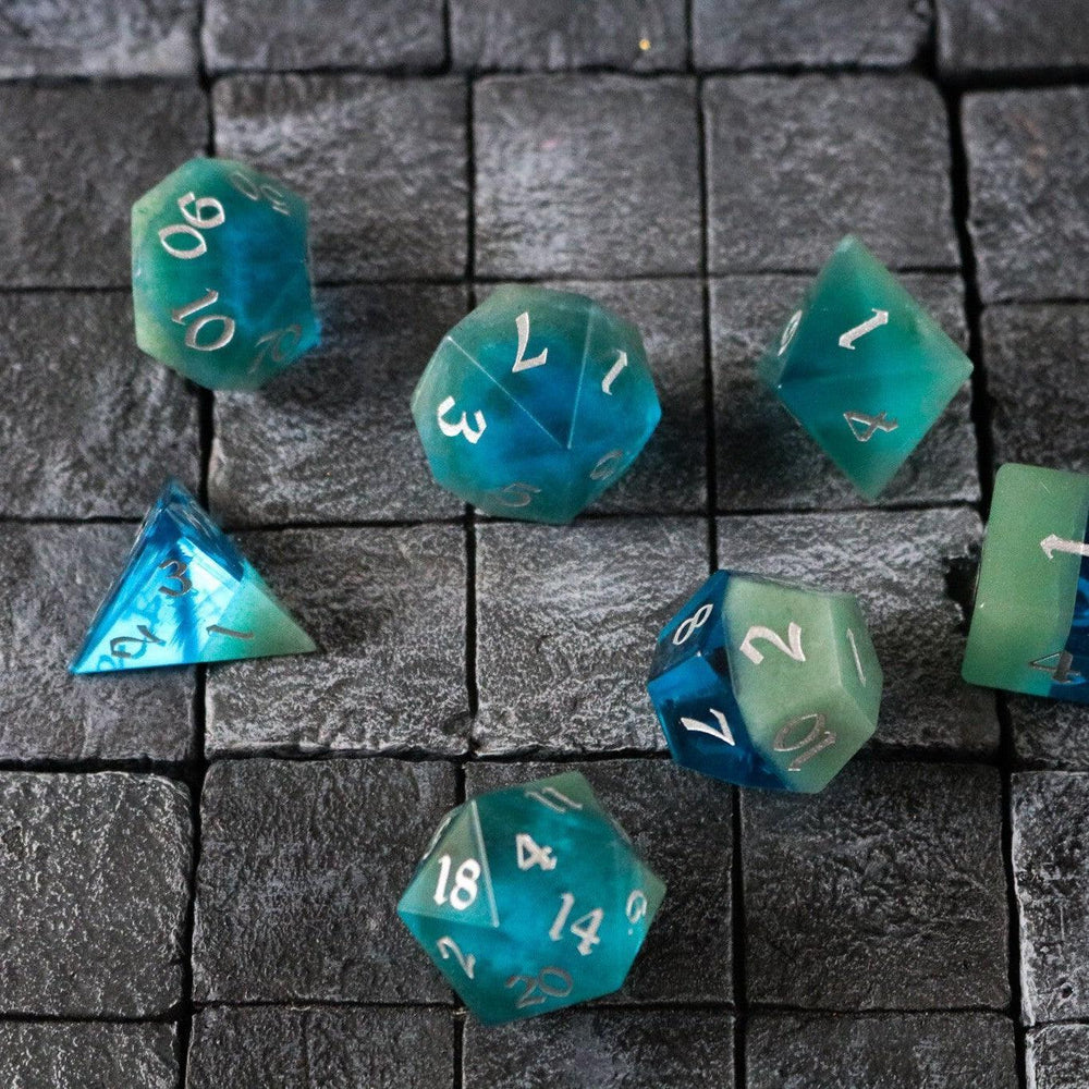Synthetic Gemstone Two Tone Blue/Green Hand Carved DND Dice Set (ONLINE ORDER ONLY)