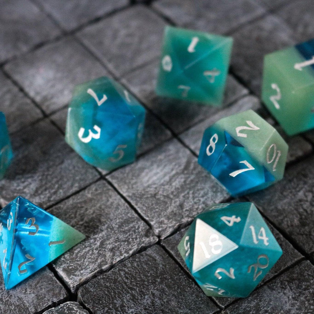 Synthetic Gemstone Two Tone Blue/Green Hand Carved DND Dice Set (ONLINE ORDER ONLY)