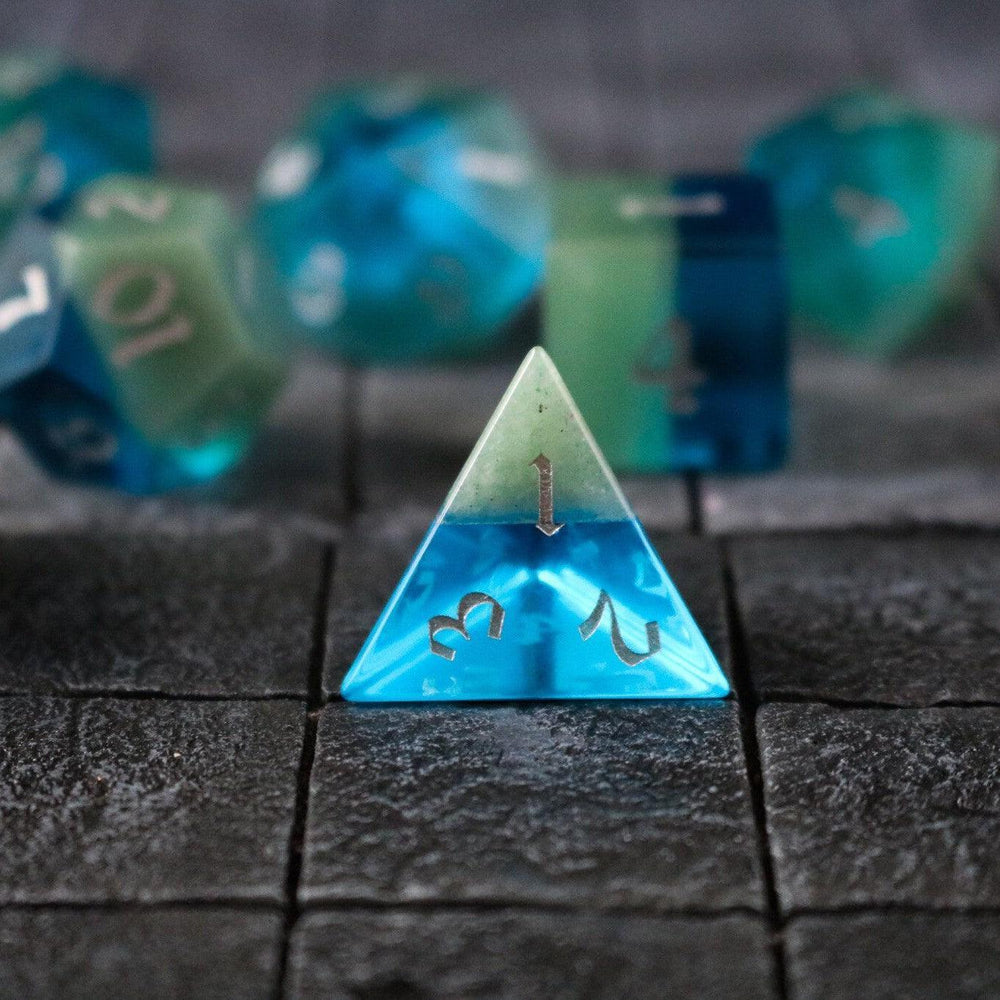 Synthetic Gemstone Two Tone Blue/Green Hand Carved DND Dice Set (ONLINE ORDER ONLY)
