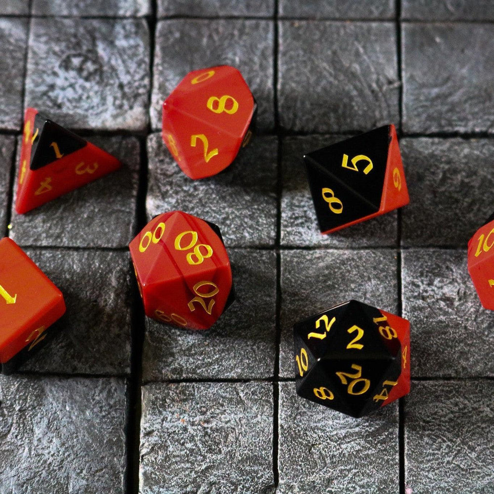 Synthetic Gemstone Two Tone Red/Black Hand Carved DND Dice Set (ONLINE ORDER ONLY)