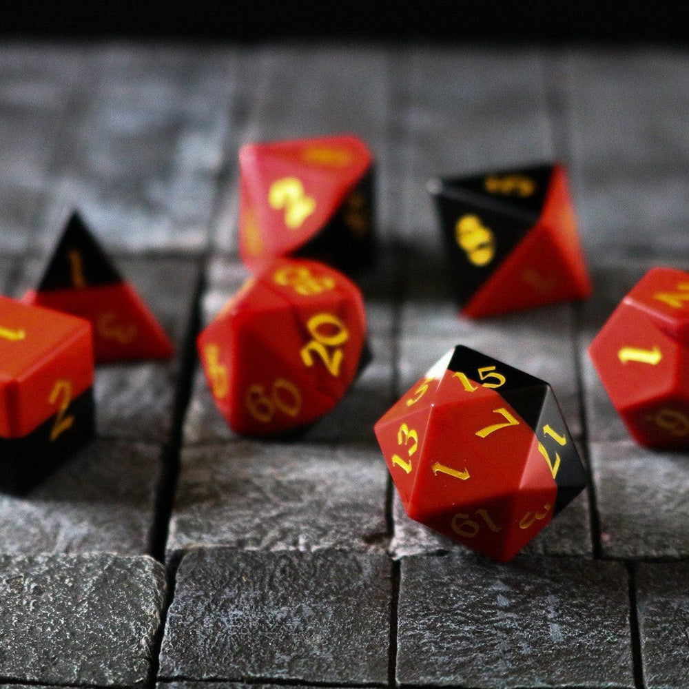Synthetic Gemstone Two Tone Red/Black Hand Carved DND Dice Set (ONLINE ORDER ONLY)