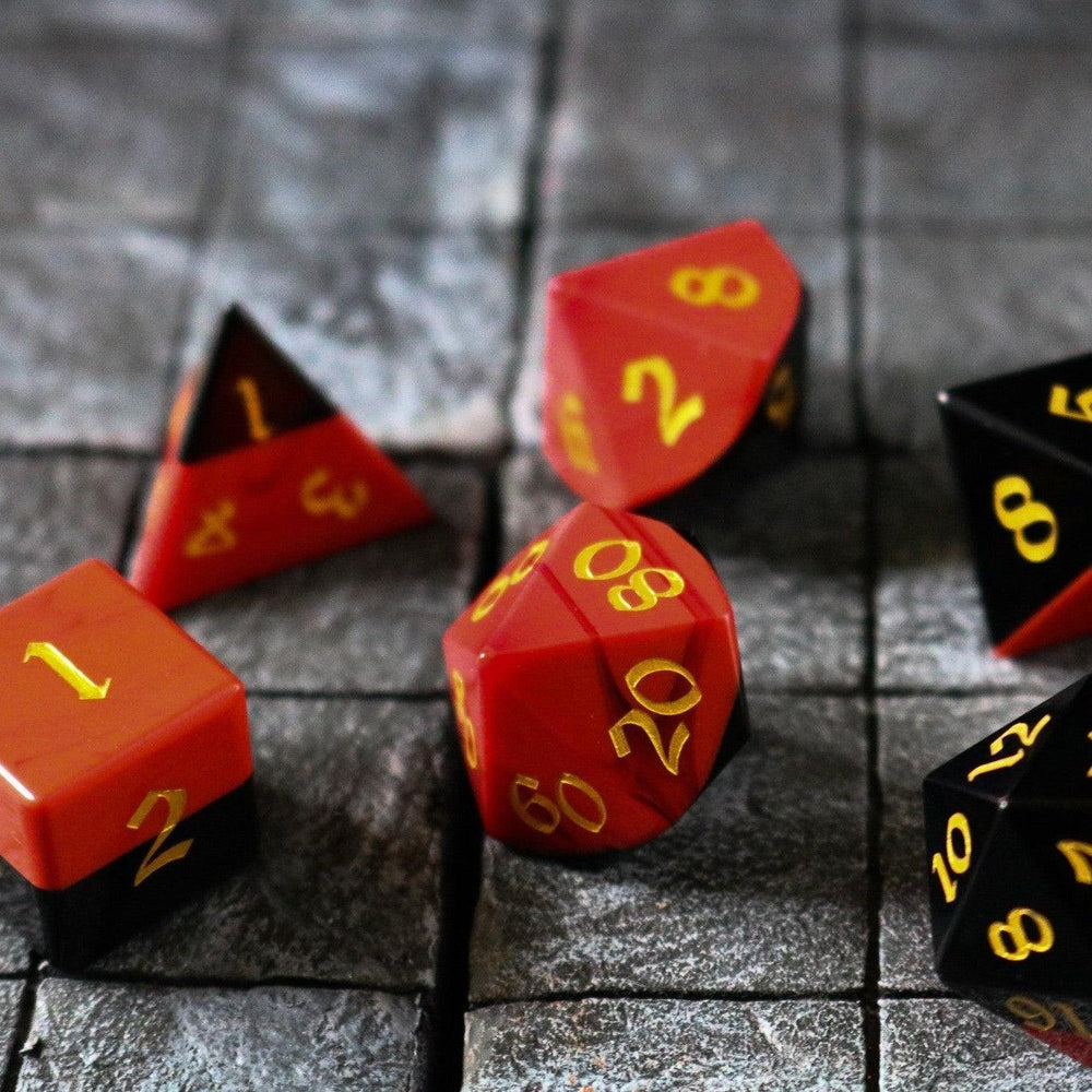 Synthetic Gemstone Two Tone Red/Black Hand Carved DND Dice Set (ONLINE ORDER ONLY)