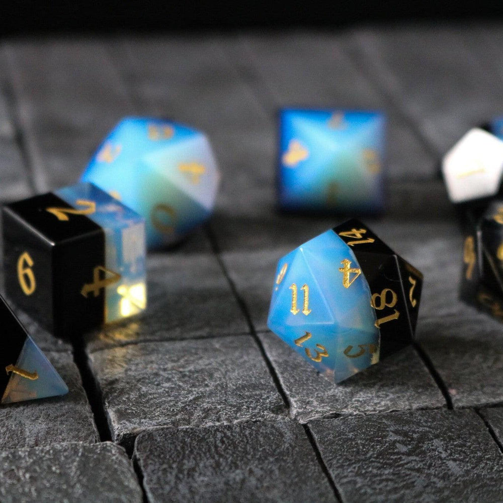 Synthetic Gemstone Two Tone White/Black Hand Carved DND Dice Set (ONLINE ORDER ONLY)