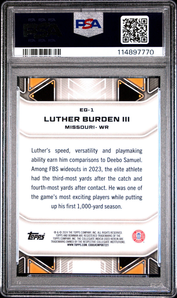 Graded 2024 Topps Bowman Best University Luther Burden III #EG1 Elements of the Game Geometric Refractor Rookie RC Football Card PSA 10 Gem Mint (ONLINE ORDER ONLY)