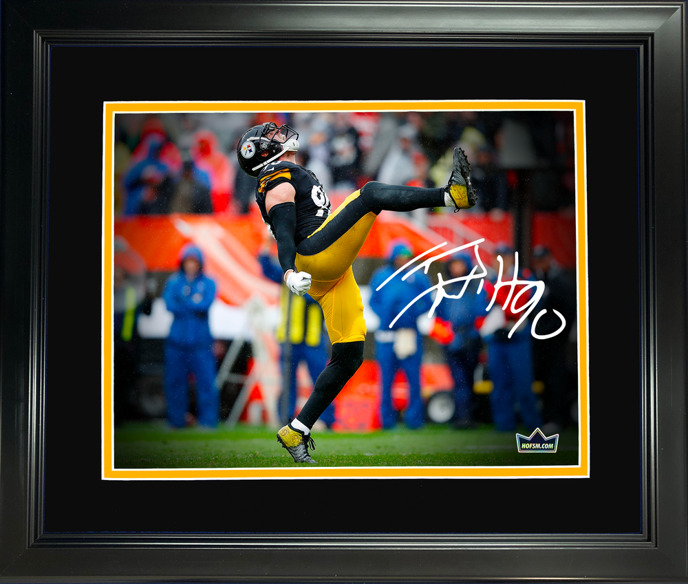 Framed T.J. Watt Facsimile Laser Engraved Signature Auto Pittsburgh Steelers 11"x14" Football Photo HOFSM Holo (ONLINE ORDER ONLY)