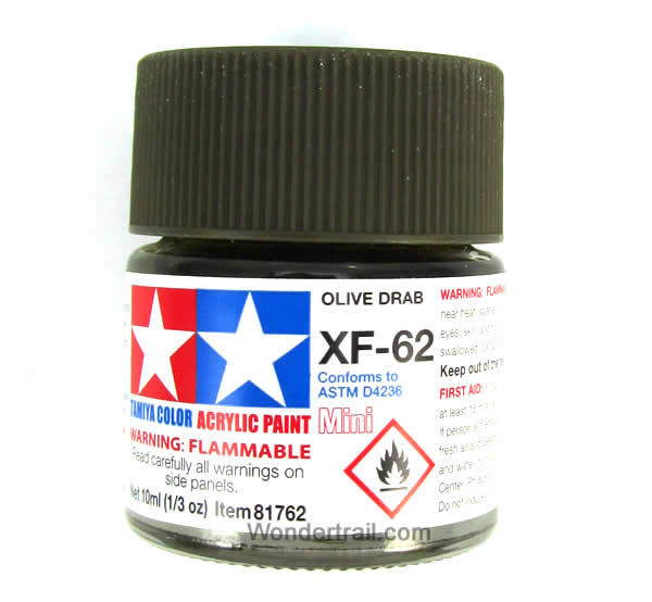 TAM81762 XF-62 Mini Flat Olive Drab Acrylic 10ml (1/3oz) Bottle Hobby Paint Tamiya (ONLINE ORDER ONLY)