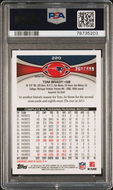 Graded 2012 Topps Chrome Tom Brady #220 Purple Refractor /499 Football Card PSA 10 Gem Mint (ONLINE ORDER ONLY)