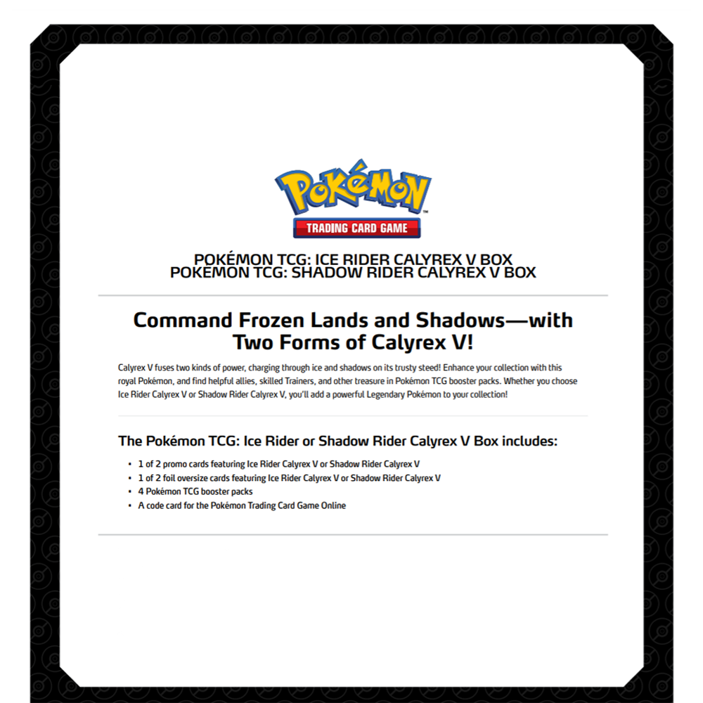Pokemon Trading Card Game: Calyrex V Box (Random Draw) (ONLINE ORDER ONLY)
