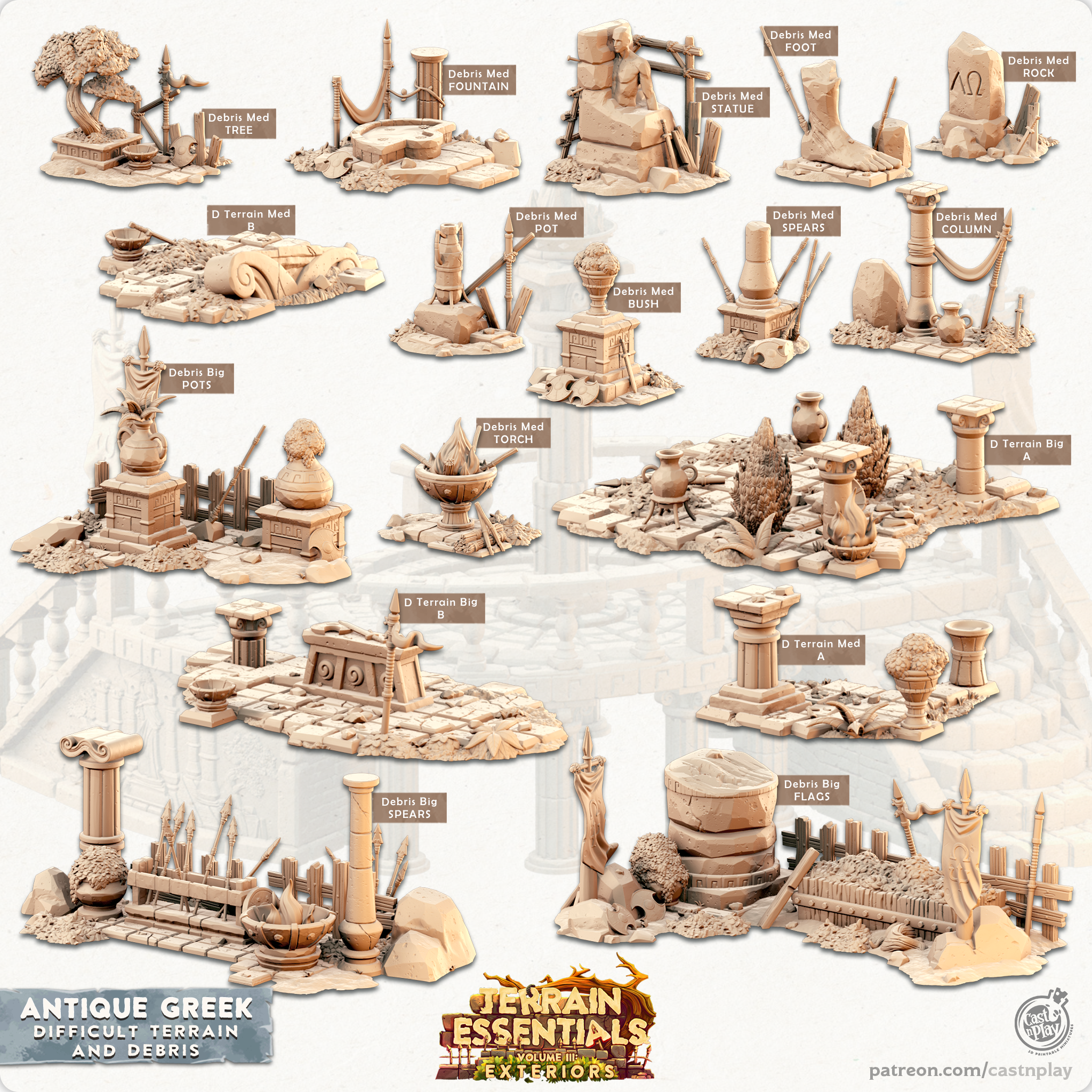 3D Printed Cast n Play Debris and Difficult Terrain Antique Greek Set 28mm 32mm D&D (Online Only)