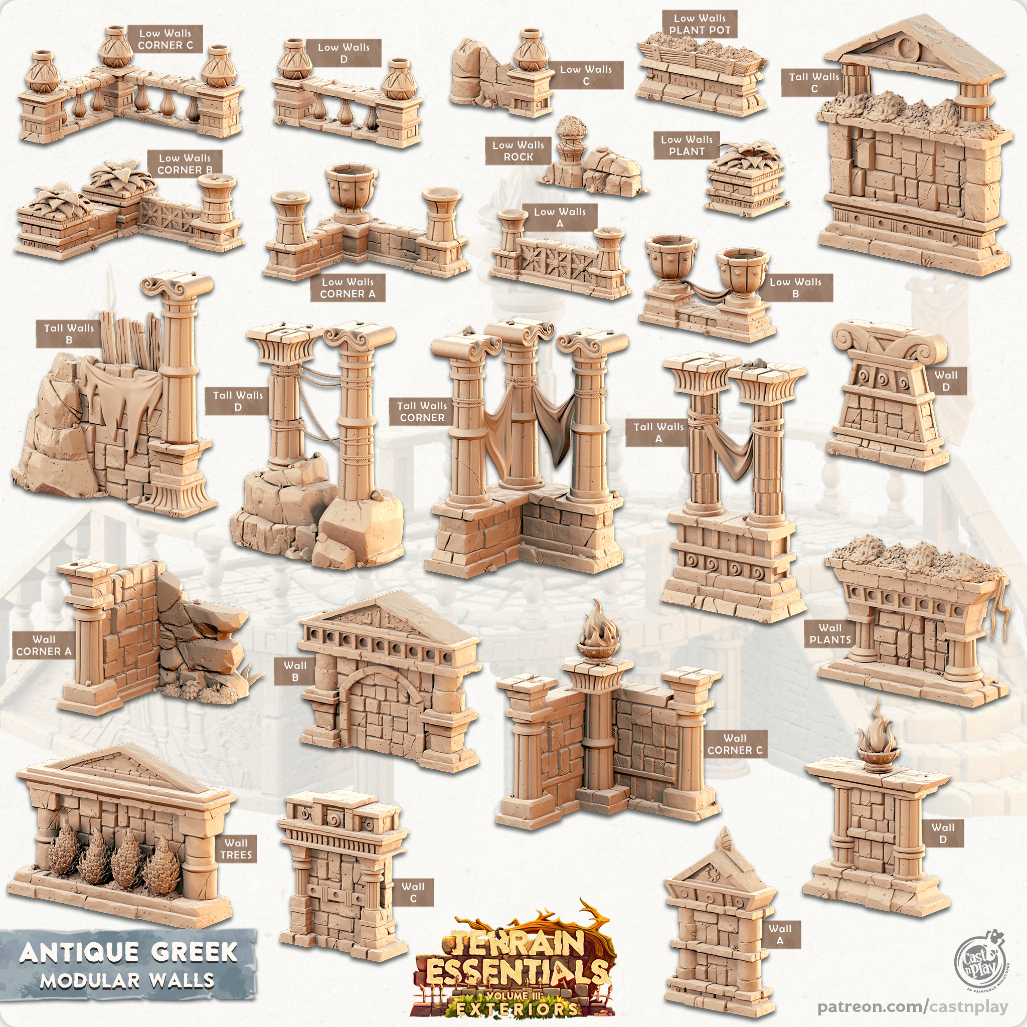 3D Printed Cast n Play Modular Walls Antique Greek Set 28mm 32mm D&D (Online Only)