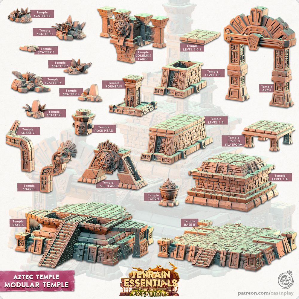 3D Printed Cast n Play Modular Temple Aztec Temple Set 28mm 32mm D&D (Online Only)