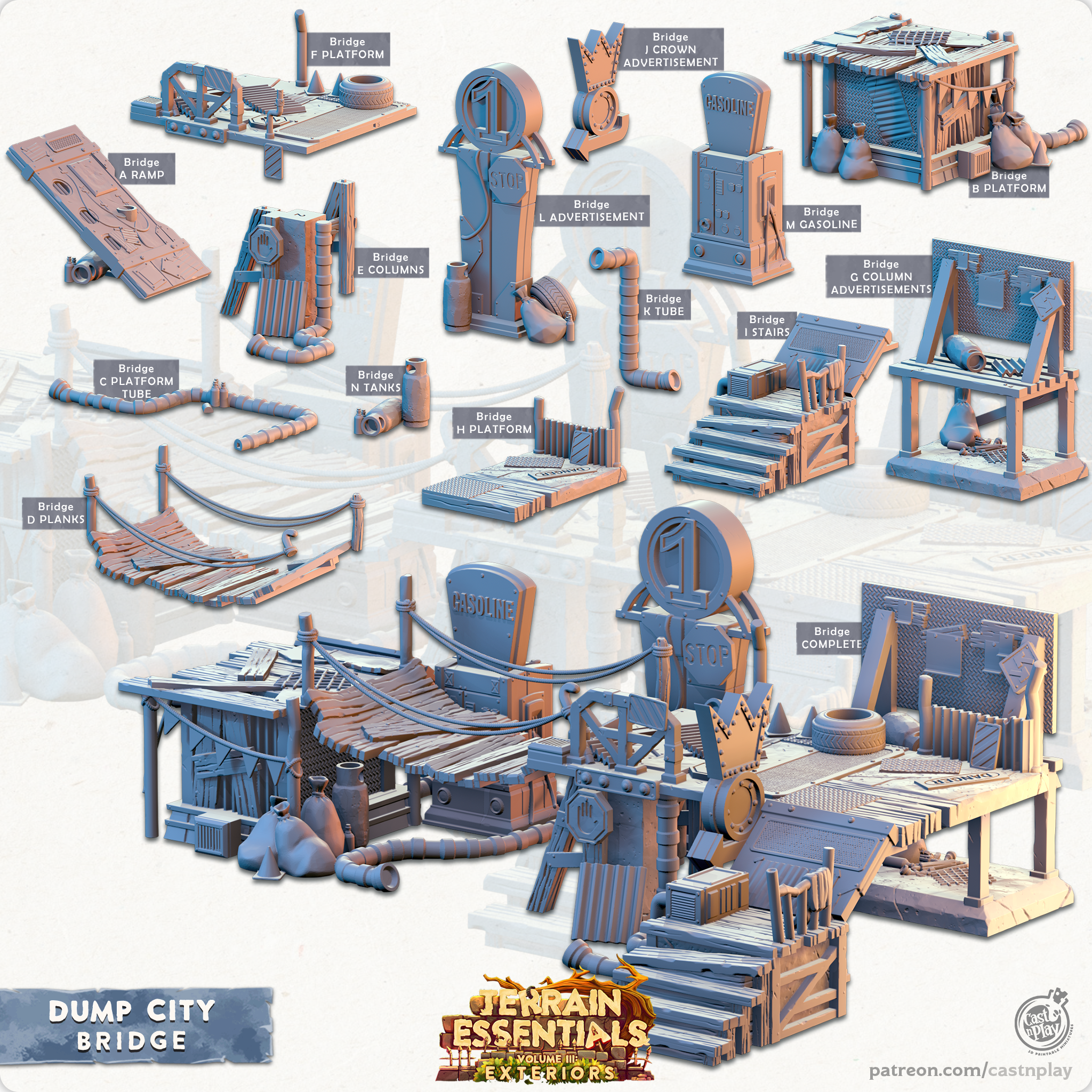 3D Printed Cast n Play Bridge Dump City Set 28mm 32mm D&D (Online Only)
