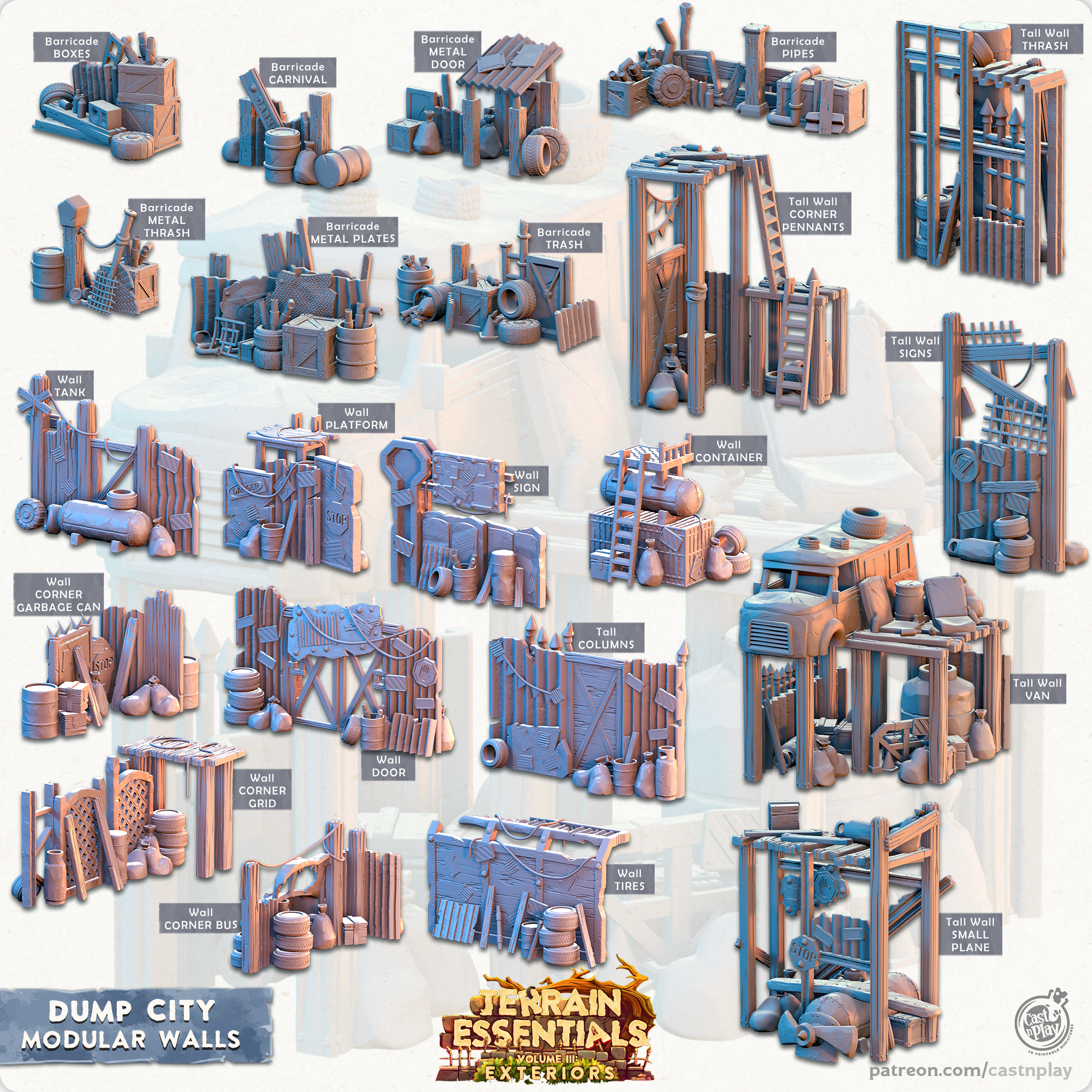 3D Printed Cast n Play Modular Walls Dump City Set 28mm 32mm D&D (Online Only)