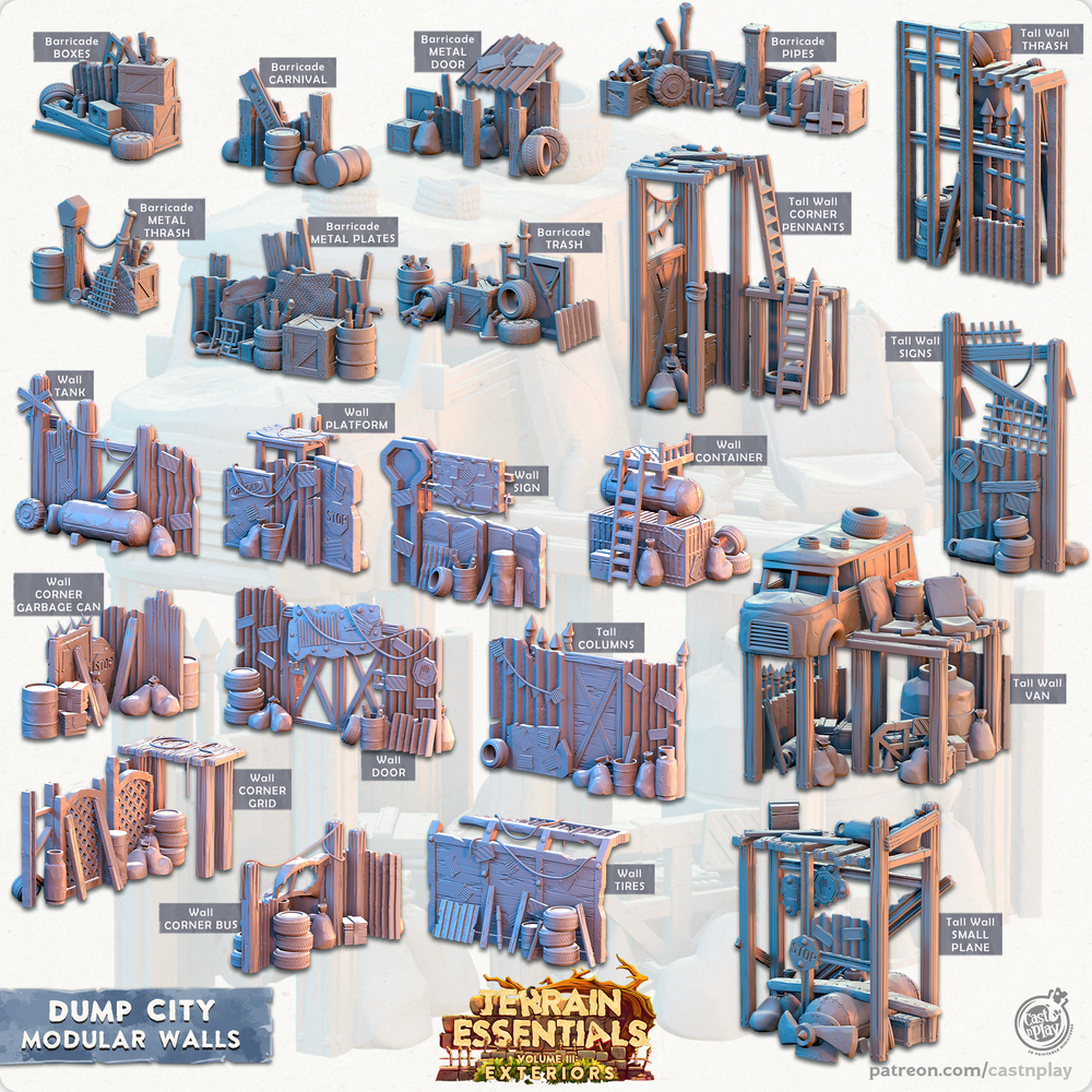 3D Printed Cast n Play Modular Walls Dump City Set 28mm 32mm D&D (Online Only)