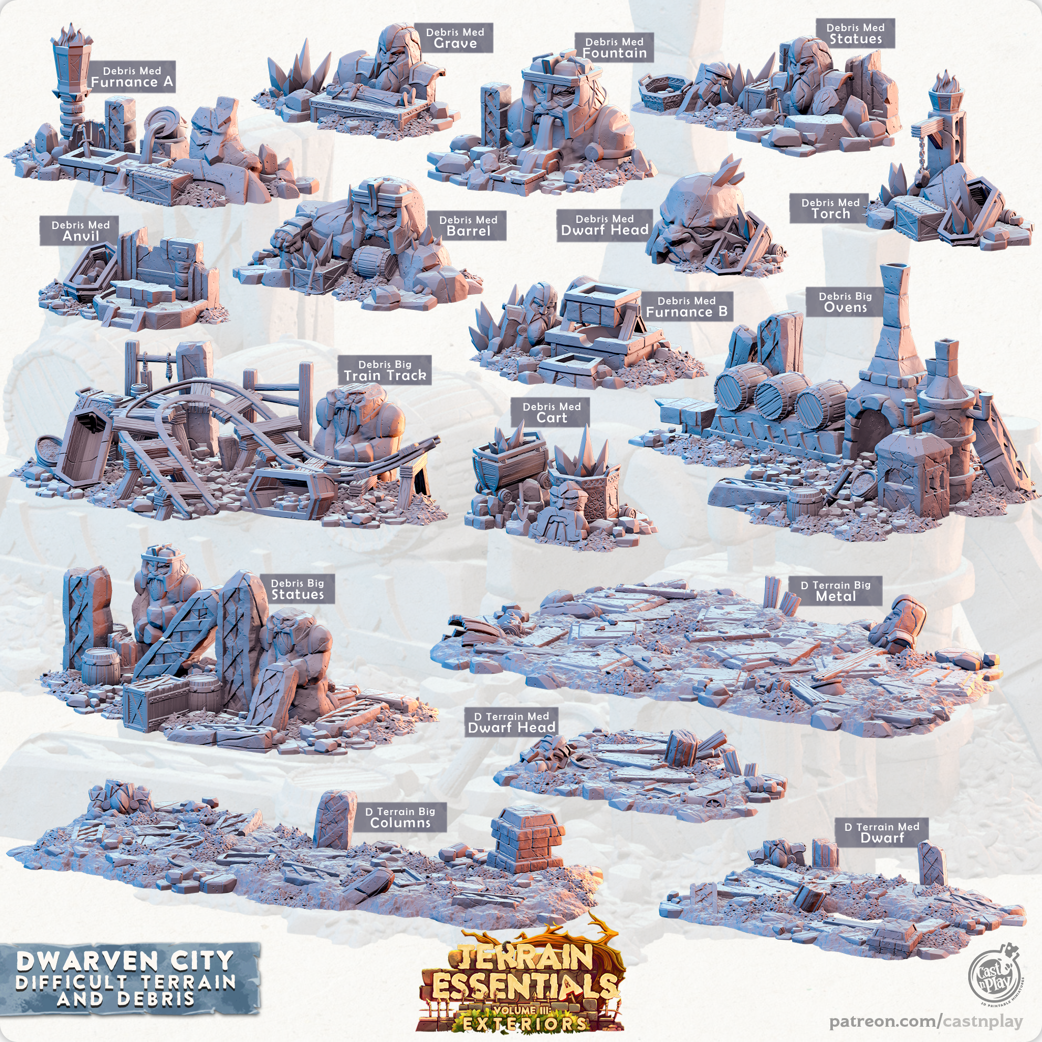 3D Printed Cast n Play Terrain Essentials Vol III Exteriors Dwarven City Set Debris and Difficult Terrain 28mm 32mm D&D (Online Only)
