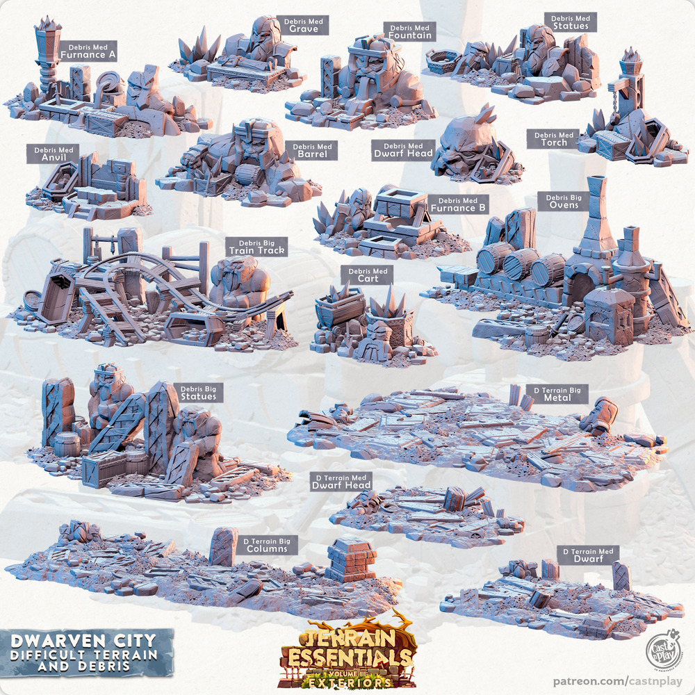 3D Printed Cast n Play Terrain Essentials Vol III Exteriors Dwarven City Set Debris and Difficult Terrain 28mm 32mm D&D (Online Only)