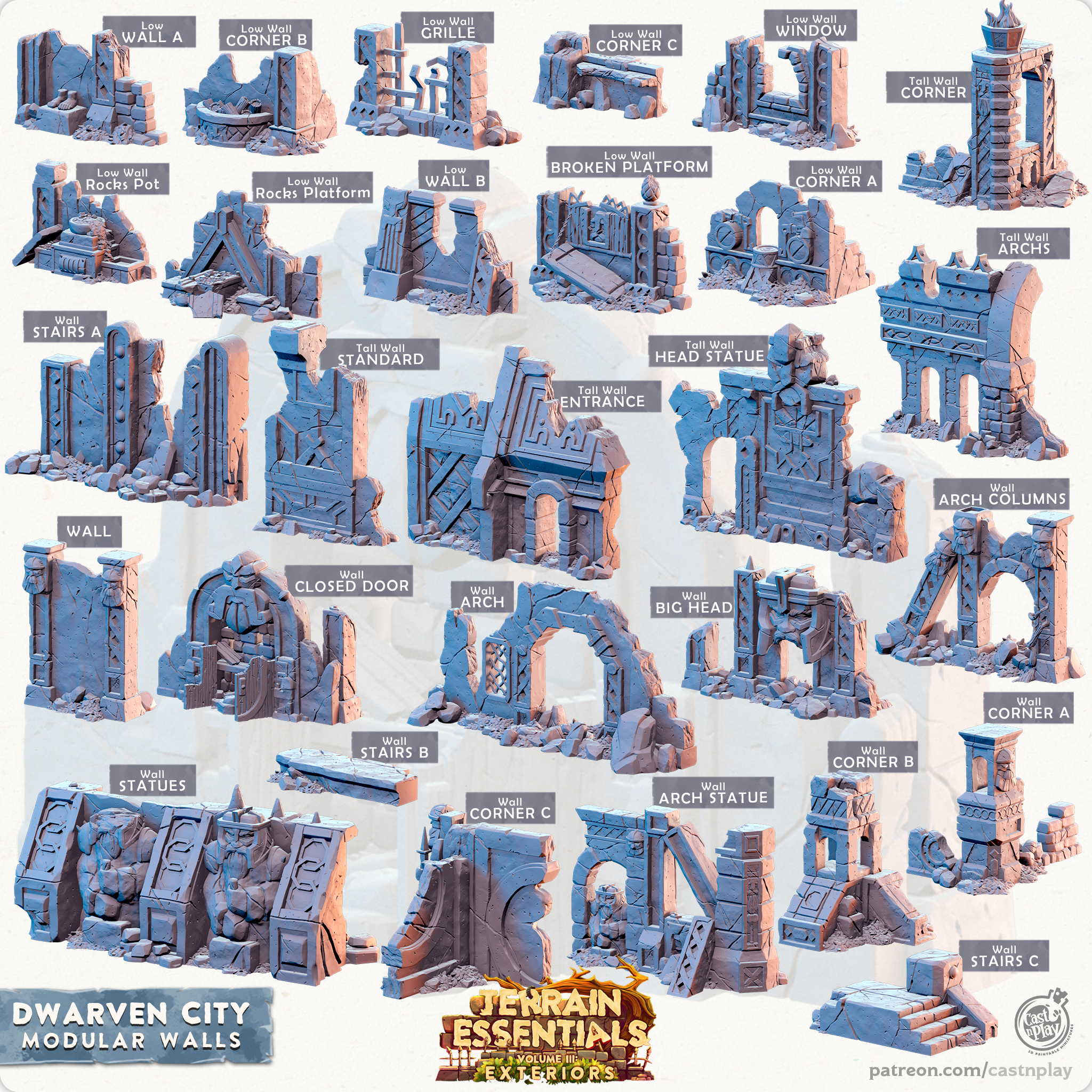 3D Printed Cast n Play Modular Walls Terrain Essentials Vol III Exteriors Dwarven City Set 28mm 32mm D&D (Online Only)