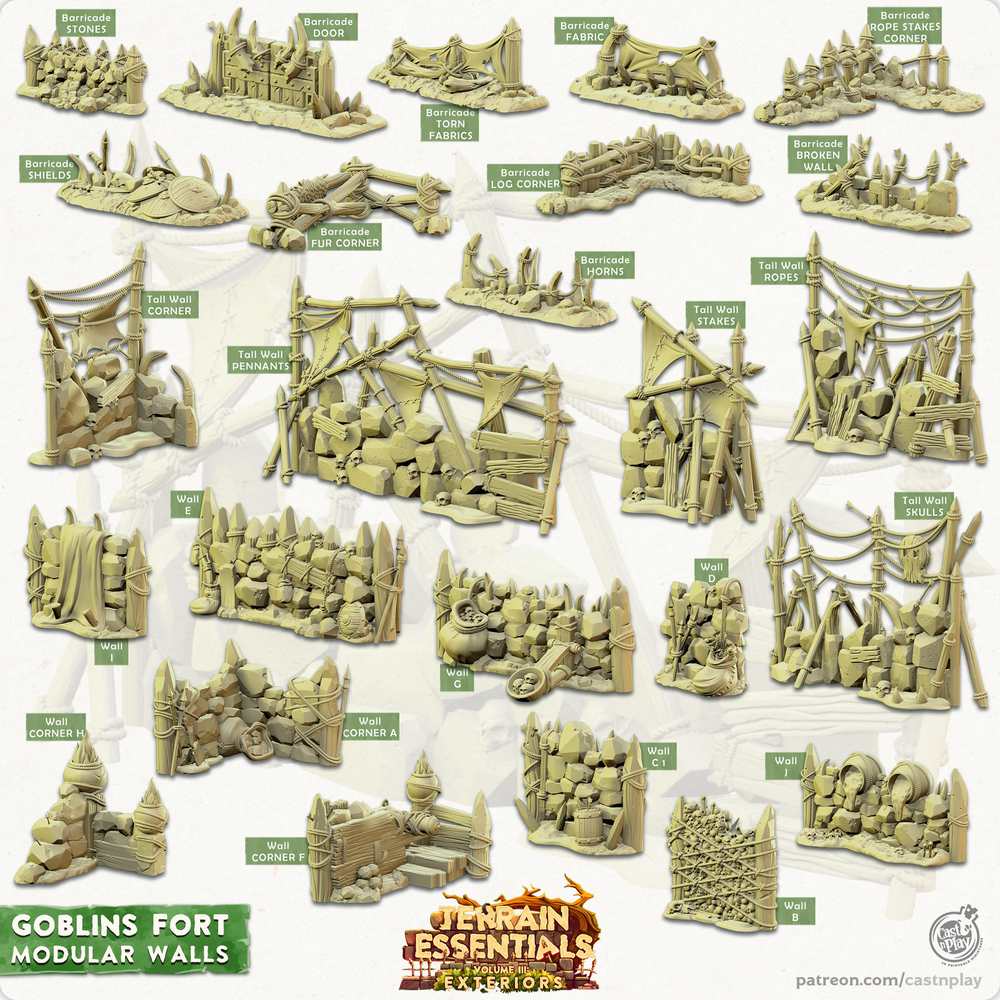 3D Printed Cast n Play Modular Walls Goblins Fort Set 28mm 32mm D&D (Online Only)