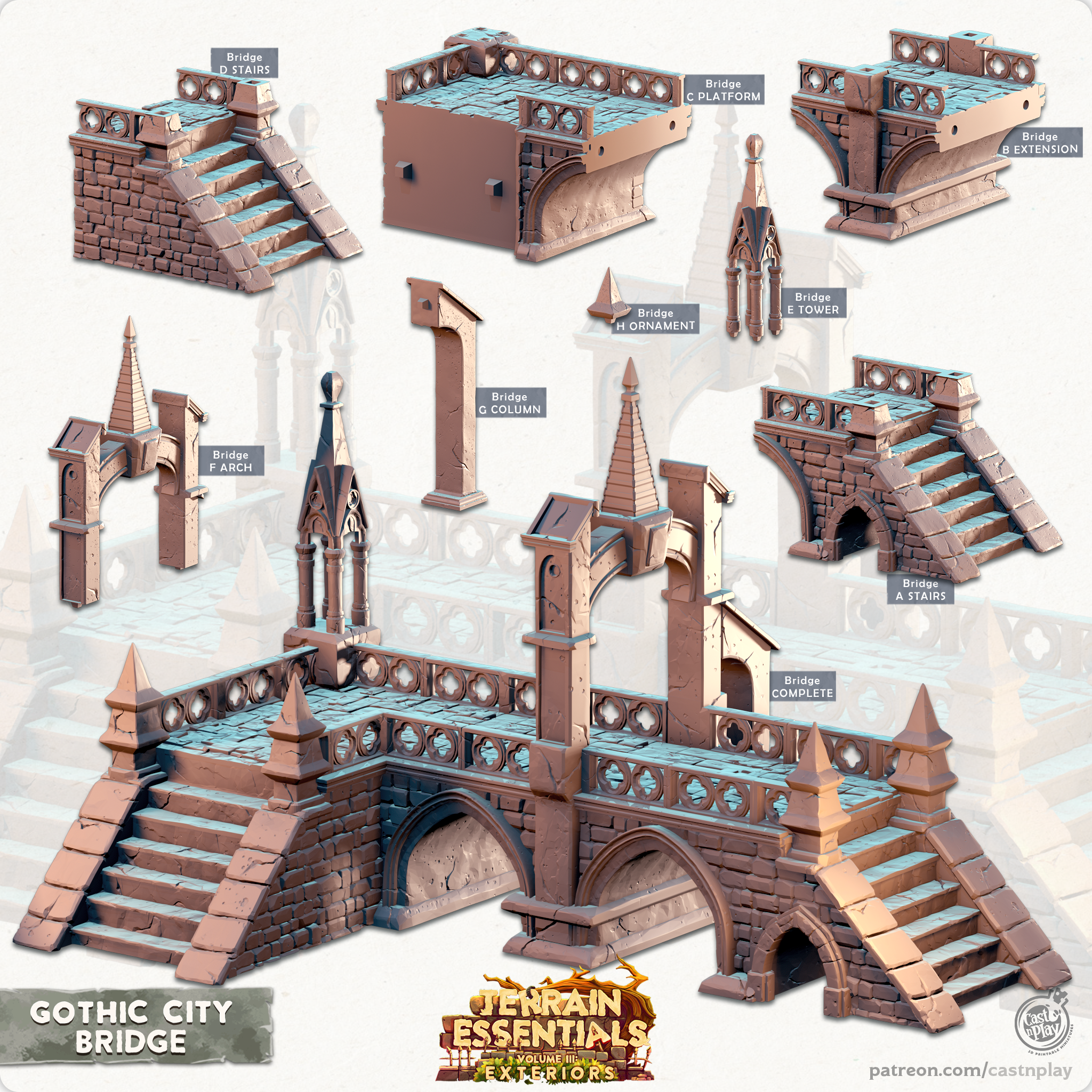 3D Printed Cast n Play Bridge Gothic City Set 28mm 32mm D&D (Online Only)