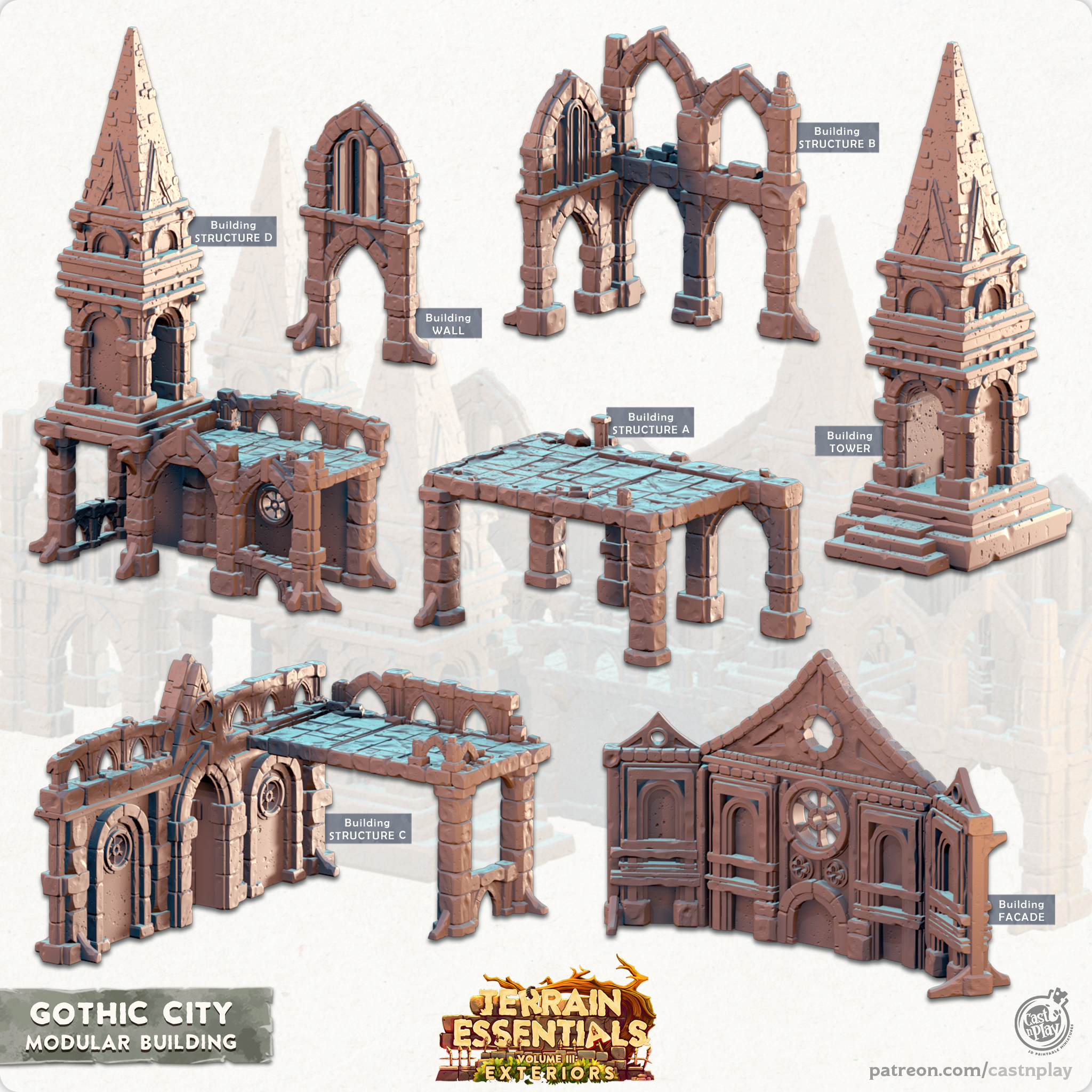 3D Printed Cast n Play Modular Building Gothic City Set 28mm 32mm D&D (Online Only)