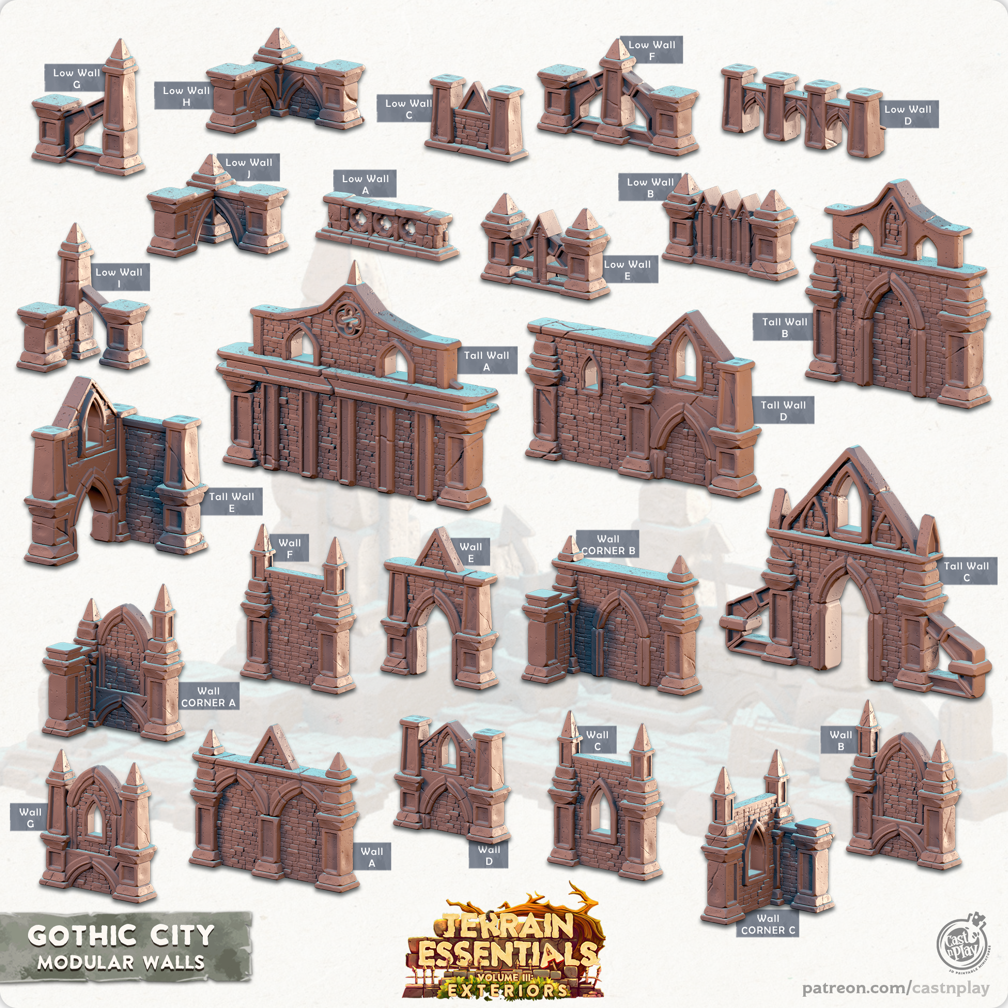 3D Printed Cast n Play Modular Walls Gothic City Set 28mm 32mm D&D (Online Only)