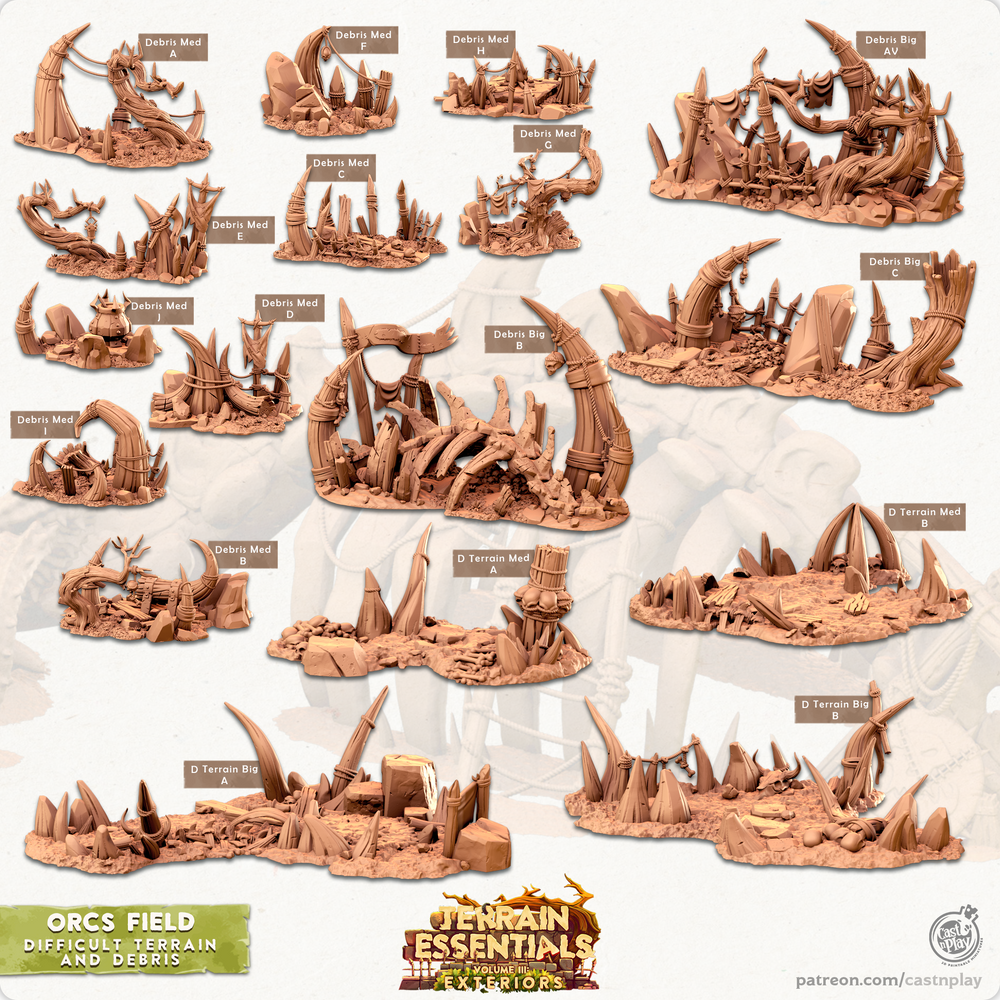 3D Printed Cast n Play Orcs Field Set Debris and Difficult Terrain 28mm 32mm D&D (Online Only)