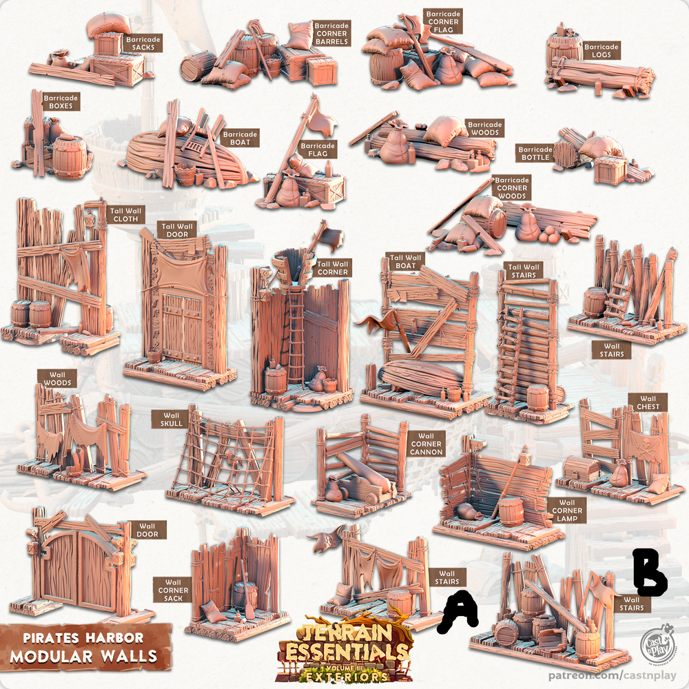3D Printed Cast n Play Modular Walls Pirates Harbor Set 28mm 32mm D&D (Online Only)