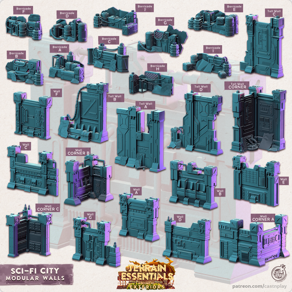 3D Printed Cast n Play Modular Walls Sci-Fi City Set Terrain Essentials Vol III Exteriors 28mm 32mm D&D (Online Only)