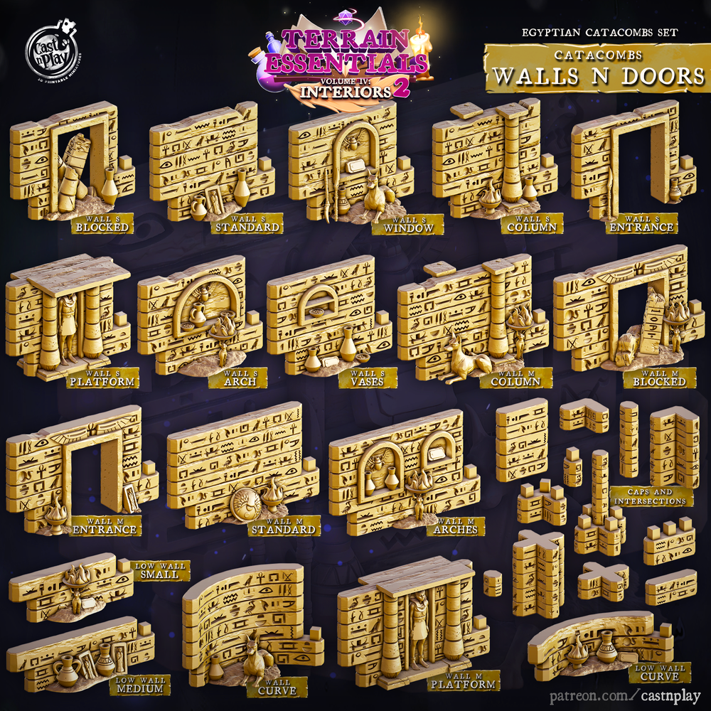 3D Printed Cast n Play Egyptian Catacombs Walls and Doors Set 32mm D&D (Online Only)