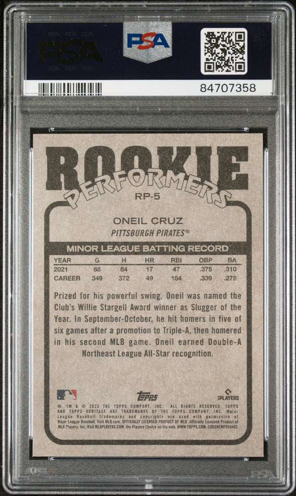 2022 TOPPS HERITAGE HIGH NUMBER ROOKIE PERFORMERS ONEIL CRUZ #RP5 - PSA 10 (Online Order Only)
