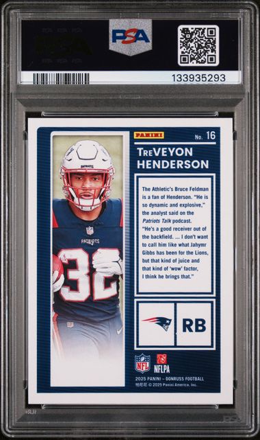 Graded 2025 Donruss The Rookies TreVeyon Henderson #16 Rookie RC Football Card PSA 10 Gem Mint (ONLINE ORDER ONLY)