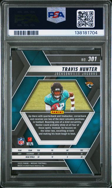 Graded 2025 Panini Mosaic Travis Hunter #301 Rookie RC Football Card PSA 10 Gem Mint (ONLINE ORDER ONLY)