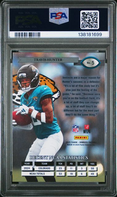 Graded 2025 Donruss Travis Hunter #5 Retro 1995 Rookie RC Football Card PSA 10 Gem Mint (ONLINE ORDER ONLY)