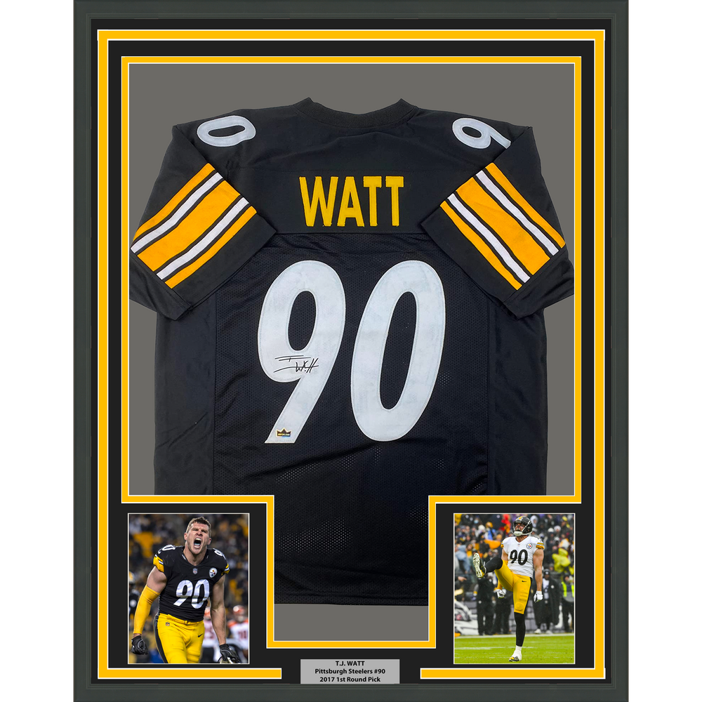 Framed Facsimile Autographed T.J. TJ Watt 35x39 Pittsburgh Black Reprint Laser Auto Football Jersey Size Men's XL (ONLINE ORDER ONLY)