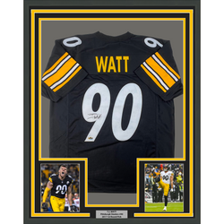 Framed Facsimile Autographed T.J. TJ Watt 35x39 Pittsburgh Black Reprint Laser Auto Football Jersey Size Men's XL (ONLINE ORDER ONLY)