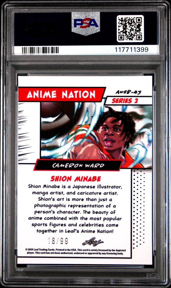 Graded 2024 Leaf Cam Ward #AN2B43 Anime Nation Series 2 /99 Football Card PSA 10 Gem Mint (ONLINE ORDER ONLY)