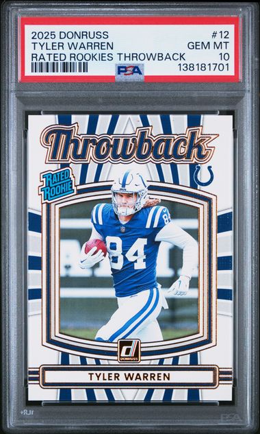 Graded 2025 Donruss Tyler Warren #12 Rated Rookies Throwback Rookie RC Football Card PSA 10 Gem Mint (ONLINE ORDER ONLY)