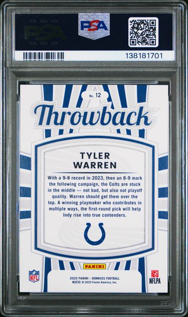 Graded 2025 Donruss Tyler Warren #12 Rated Rookies Throwback Rookie RC Football Card PSA 10 Gem Mint (ONLINE ORDER ONLY)