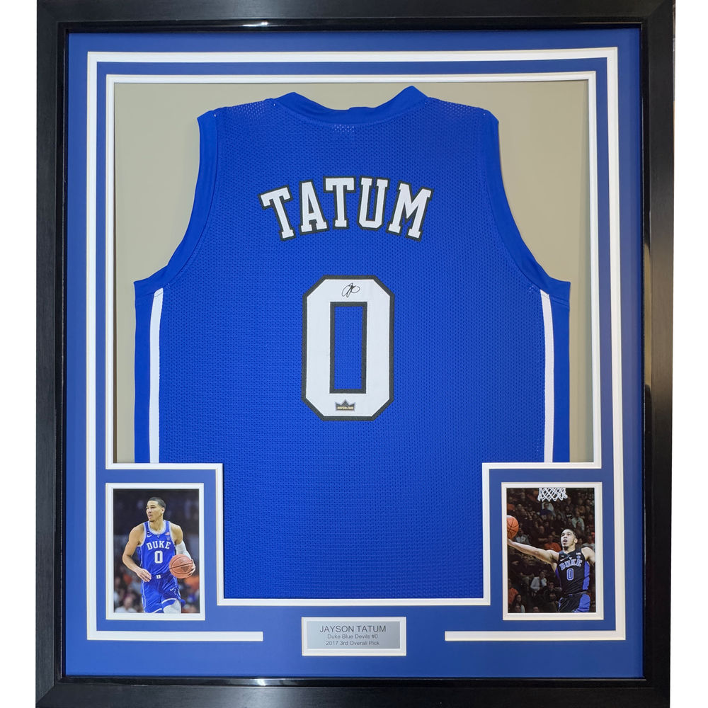 Framed Facsimile Autographed Jayson Tatum 35x39 Duke Blue Reprint Laser Auto College Basketball Jersey (ONLINE ORDER ONLY)