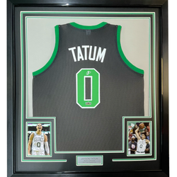 Framed Facsimile Autographed Jayson Tatum 35x39 Boston Black Reprint Laser Auto Basketball Jersey (ONLINE ORDER ONLY)
