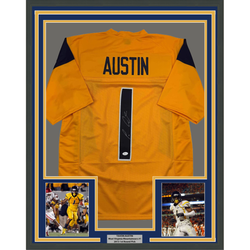 Framed Autographed/Signed Tavon Austin 35x39 West Virginia Yellow College Football Jersey JSA COA