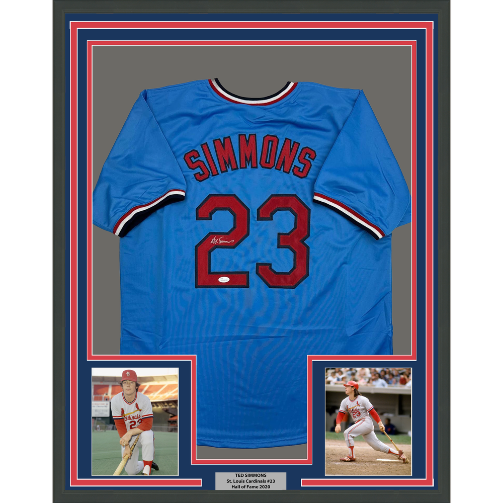 Framed Autographed/Signed Ted Simmons 35x39 St. Louis Blue Baseball Jersey JSA COA