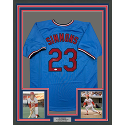 Framed Autographed/Signed Ted Simmons 35x39 St. Louis Blue Baseball Jersey JSA COA