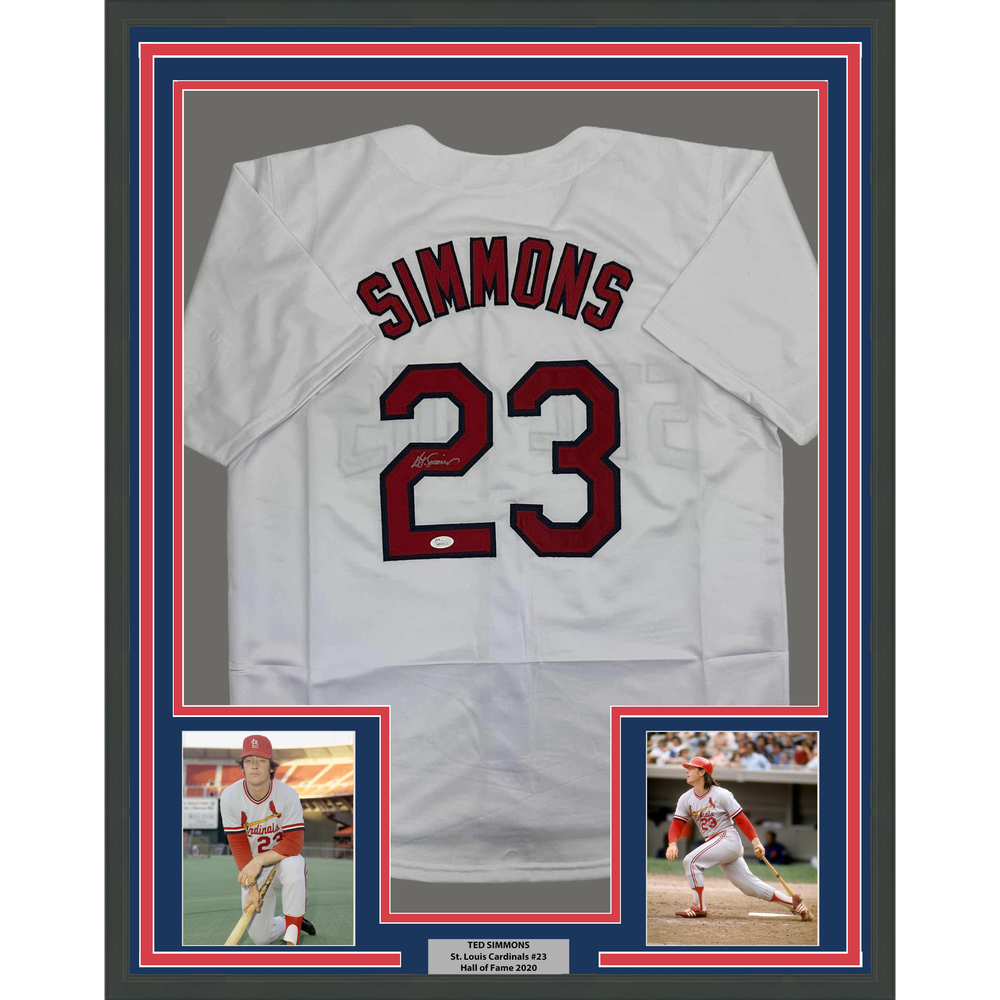 Framed Autographed/Signed Ted Simmons 35x39 St. Louis White Baseball Jersey JSA COA
