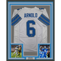 Framed Autographed/Signed Terrion Arnold 35x39 Detroit White Football Jersey Beckett BAS COA